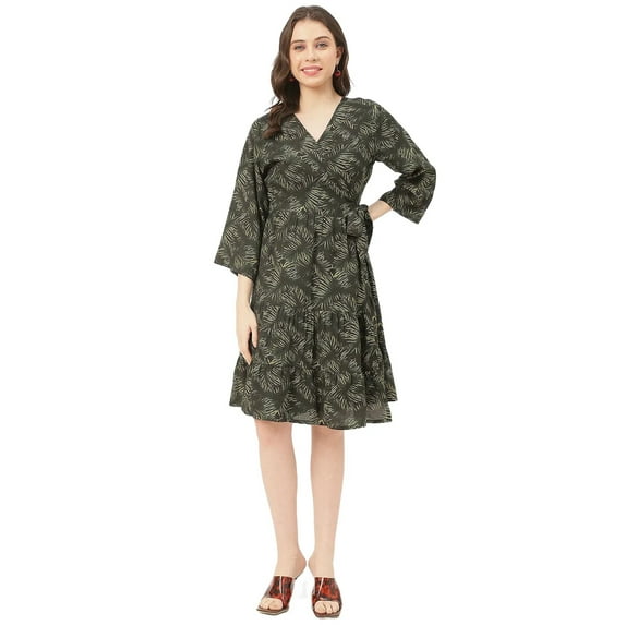 Moomaya V Neck Printed Rayon 3/4 Sleeve Wrap Dress - Women's Wrap Dress