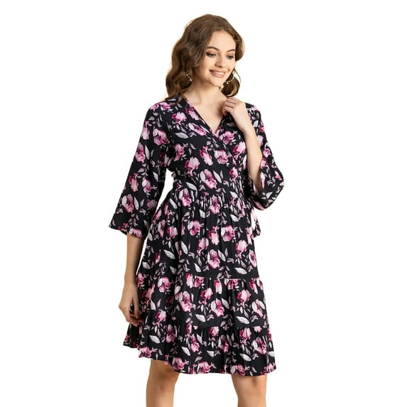 Moomaya V Neck Printed Rayon 3/4 Sleeve Wrap Dress - Women's Wrap Dress