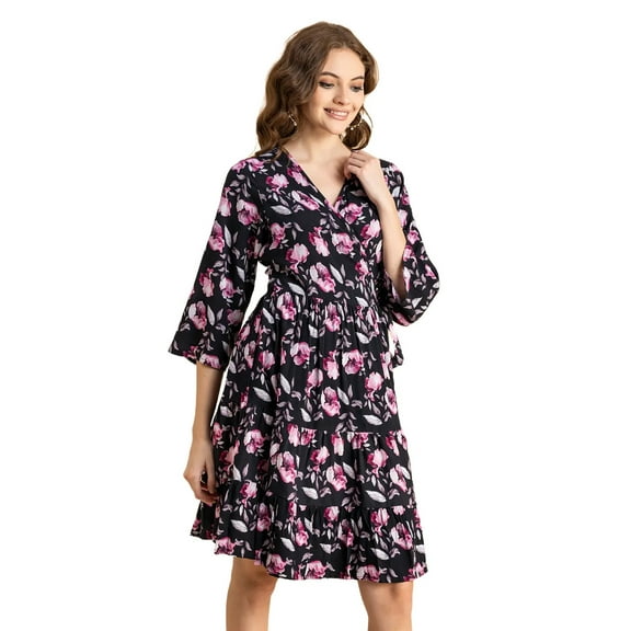 Moomaya V Neck Printed Rayon 3/4 Sleeve Wrap Dress - Women's Wrap Dress