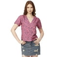 thumbnail image 1 of Moomaya V-Neck Printed Tops For Women, Button Down Short Sleeve Crop Top Blouse, 1 of 8