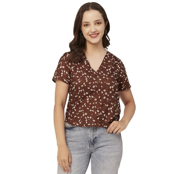 Moomaya V-Neck Printed Tops For Women, Button Down Short Sleeve Crop Top Blouse