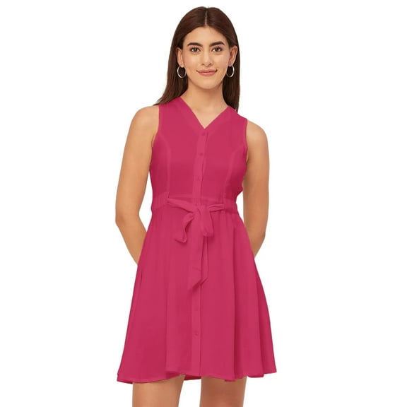 Moomaya V Neck Rayon Sleeveless Fit And Flare Dress Summer Fashion Women's Dress