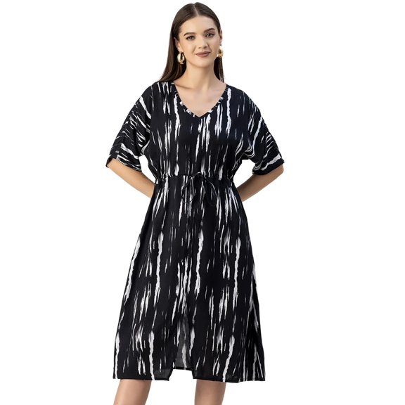 Moomaya V Neck Short Sleeve Printed Rayon Dress - Women's Trendy Summer Dress