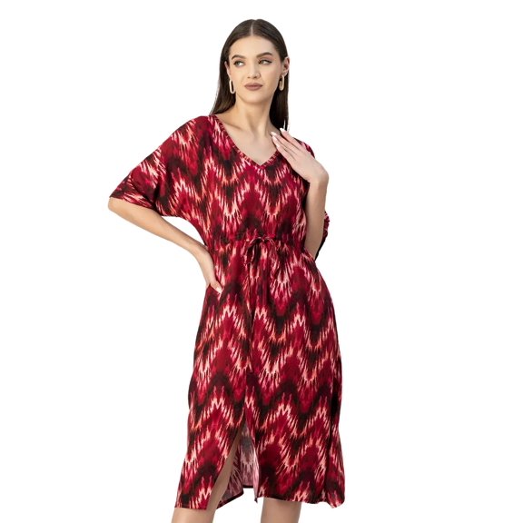 Moomaya V Neck Short Sleeve Printed Rayon Dress - Women's Trendy Summer Dress