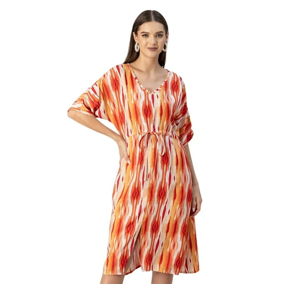 Moomaya V Neck Short Sleeve Printed Rayon Dress - Women's Trendy Summer Dress
