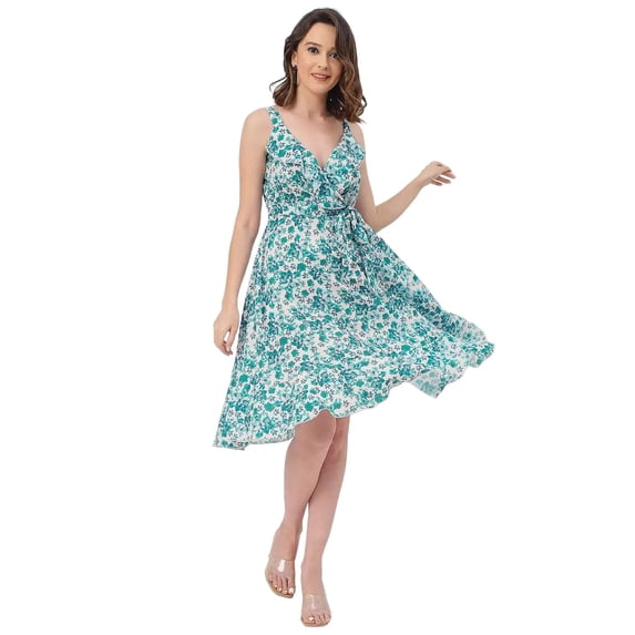 Moomaya V Neck Sleeveless Printed Georgette Dress - Women's Summer Dress