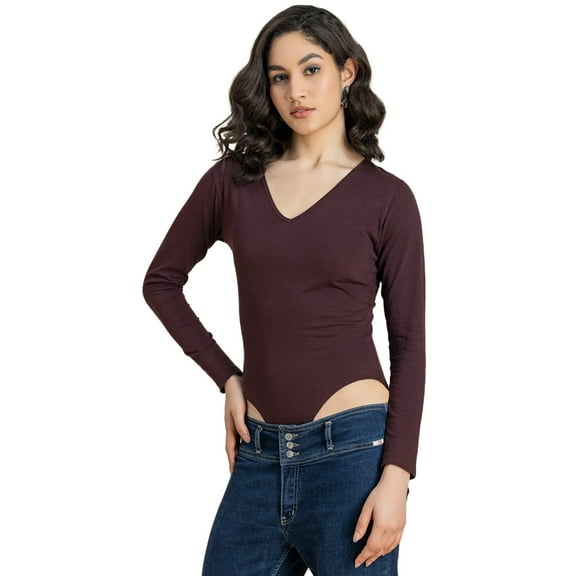 Moomaya V-Neck Solid Bodysuit For Women, Long Sleeves Cotton Casual Bodysuit
