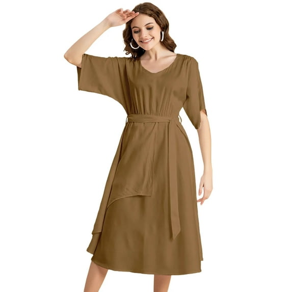 Moomaya V Neck Solid Rayon Short Sleeve Maxi Dress - Women's Boho Maxi Dress