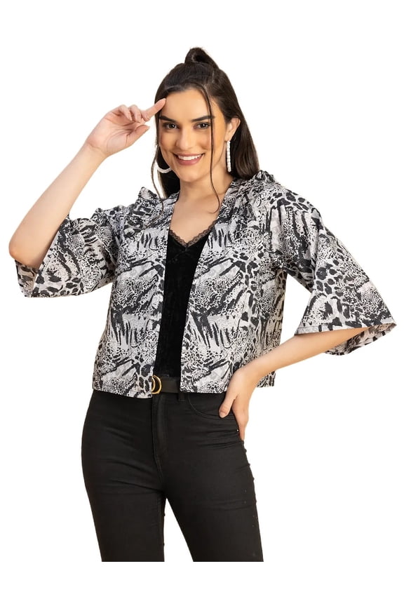V Neck Straight Printed Cotton Jacket - Women's Stylish Printed Jacket