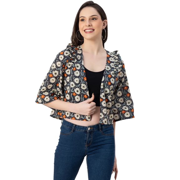 Moomaya V Neck Straight Printed Cotton Jacket - Women's Stylish Printed Jacket