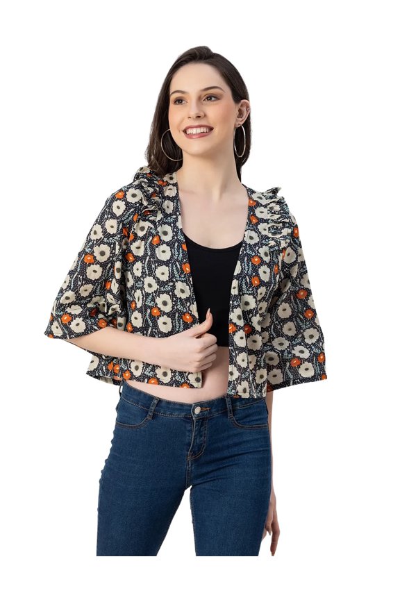 V Neck Straight Printed Cotton Jacket - Women's Stylish Printed Jacket