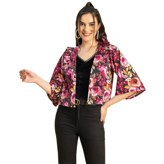 Moomaya V Neck Straight Printed Cotton Jacket - Women's Stylish Printed Jacket