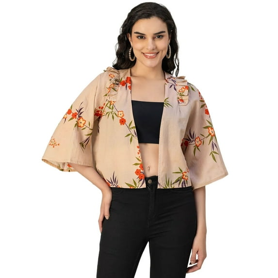 Moomaya V Neck Straight Printed Cotton Jacket - Women's Stylish Printed Jacket