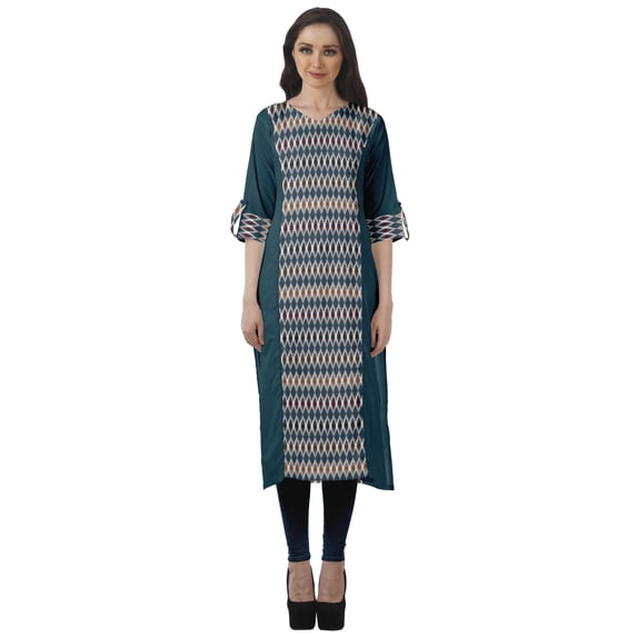 Moomaya V Neck Straight Tunic For Women Roll Up Sleeve Printed Cotton Kurta