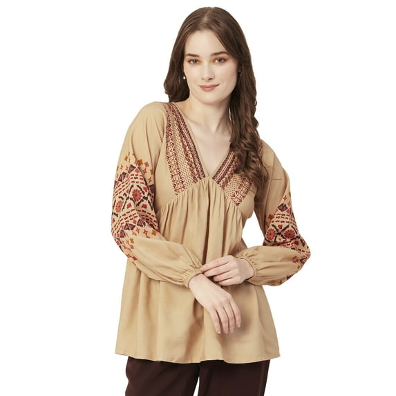 Moomaya V-Neck Tops For Womens, Viscose Rayon Printed Summer Casual Top Tunic