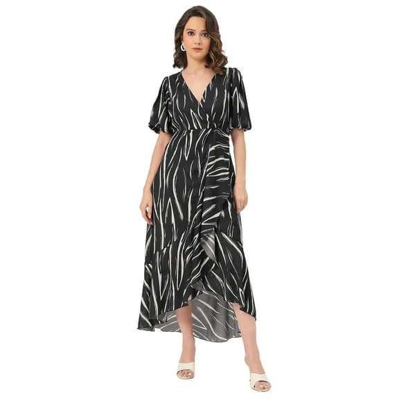 Moomaya V Neck Wrap Printed Georgette Short Sleeve Dress - Women's Wrap Dress