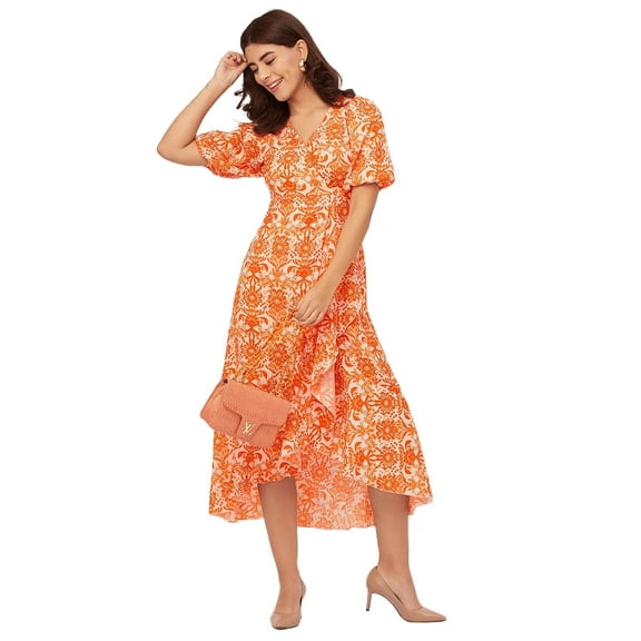 Moomaya V Neck Wrap Printed Georgette Short Sleeve Dress - Women's Wrap Dress