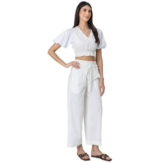 Moomaya V-neck 2 Pcs Cotton Co-ord Set, Crop Top With Flared Palazzo Pants For Women