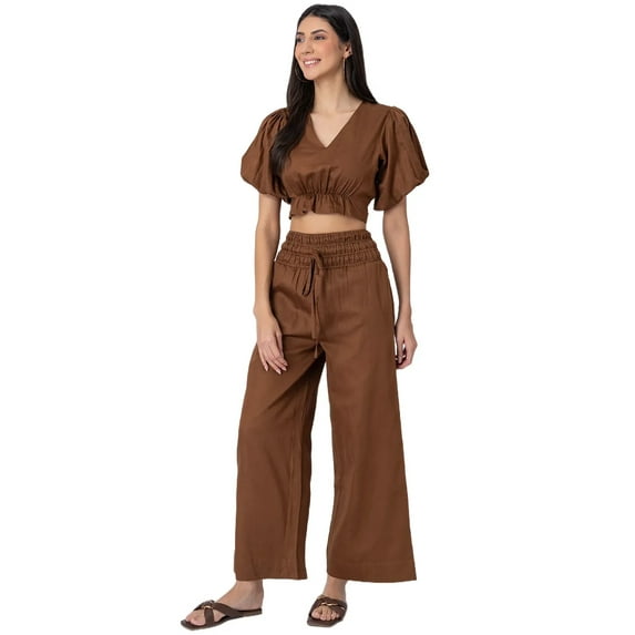 Moomaya V-neck 2 Pcs Cotton Co-ord Set, Crop Top With Flared Palazzo Pants For Women