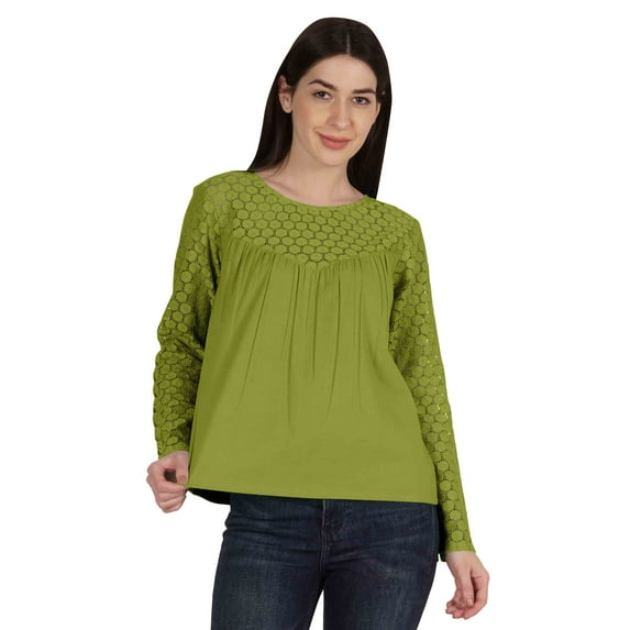 Moomaya Victorian Style Lace Top For Women Long Sleeves Casual Plain Tunic