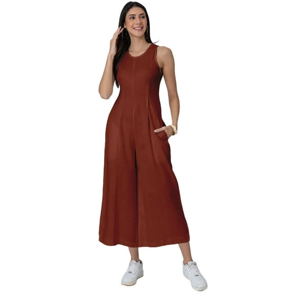 Moomaya Wide Leg Jumpsuit for Women, Sleeveless Printed Cotton Jumpsuit With Pockets