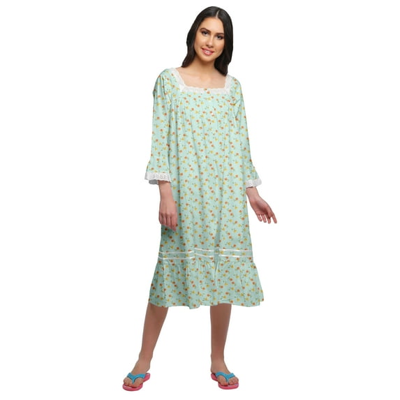 Moomaya WoMen's Flared Nightdress Long Sleeve Cotton Button Placket Nightwear