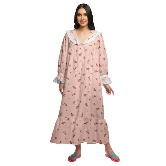 Moomaya WoMen's Printed Cotton Sailor Collar Sleepwear Button Down Nightdress