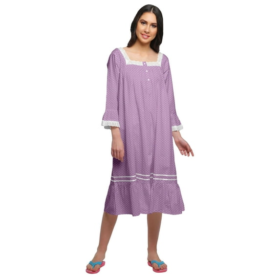Moomaya WoMen's Printed Long Sleeve Square Neck Cotton Sleepwear Gown