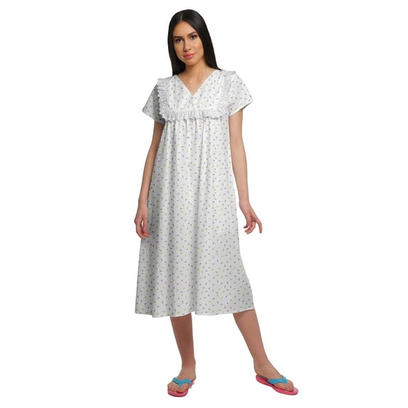 Moomaya WoMen's Printed Short Sleeve Nightdress V-Neck Cotton Sleepwear Gown