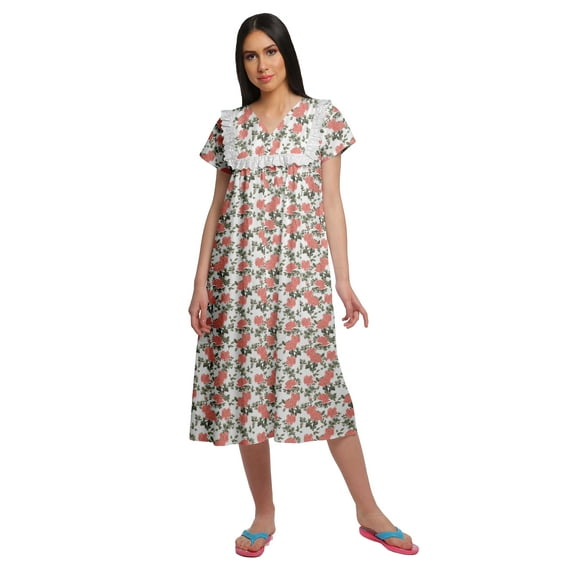 Moomaya WoMen's Printed Short Sleeve Nightdress V-Neck Cotton Sleepwear Gown