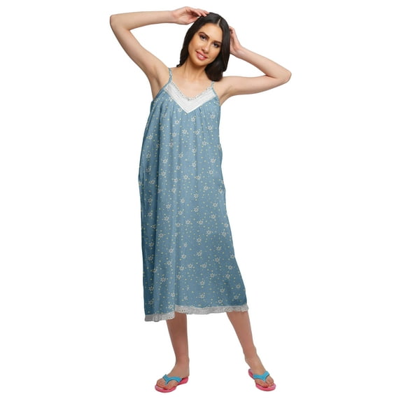 Moomaya WoMen's Printed Spaghetti Strap Nightdress Knee Length Sleepwear Gown