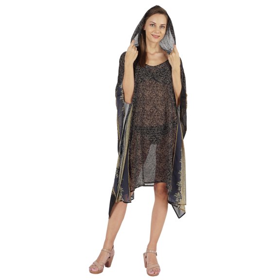 Moomaya WoMen's Short Hoodie Kaftan Loose Tunic Kimono Sleeve Mini Beach Cover Up Dress