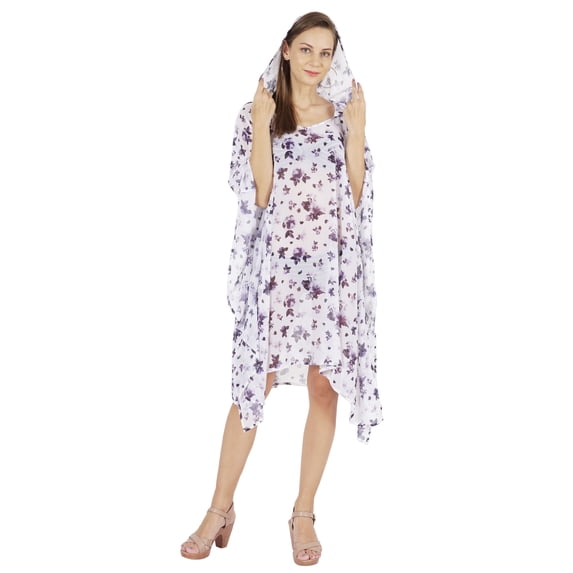Moomaya WoMen's Short Hoodie Kaftan Loose Tunic Kimono Sleeve Mini Beach Cover Up Dress