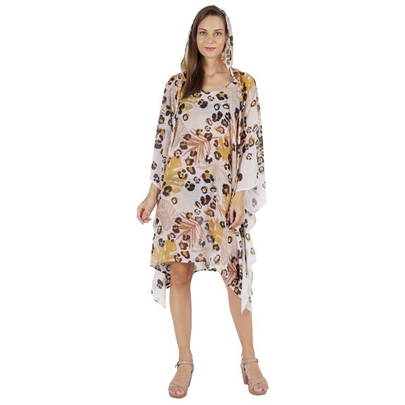 Moomaya WoMen's Short Hoodie Kaftan Loose Tunic Kimono Sleeve Mini Beach Cover Up Dress