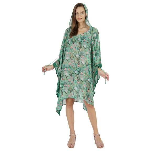 Moomaya WoMen's Short Hoodie Kaftan Loose Tunic Kimono Sleeve Mini Beach Cover Up Dress