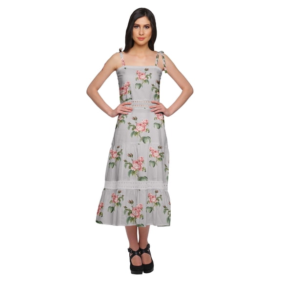 Moomaya Women Casual Printed Long Maxi Cotton Adjustable Shoulder Strap Dress