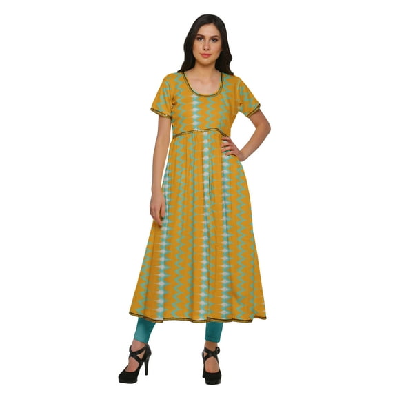 Moomaya Women Cotton Short Sleeve Kurta Long Tunic Printed Front Slit Kurtis