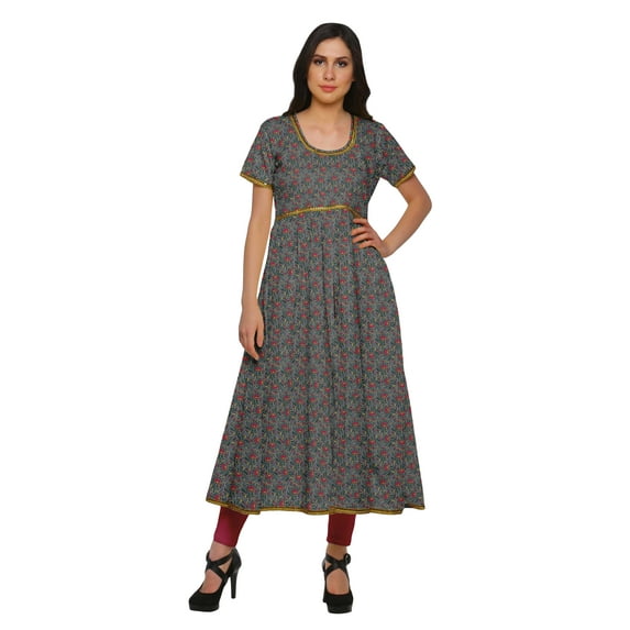 Moomaya Women Cotton Short Sleeve Kurta Long Tunic Printed Front Slit Kurtis
