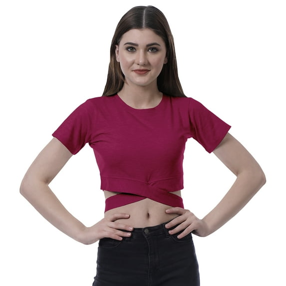 Moomaya Women Criss Cross Hem Top Short Sleeve Round Neck Tee Shirt Blouse Tops