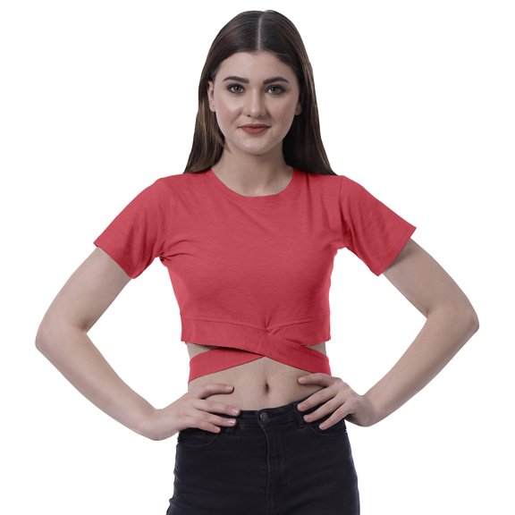 Moomaya Women Criss Cross Hem Top Short Sleeve Round Neck Tee Shirt Blouse Tops