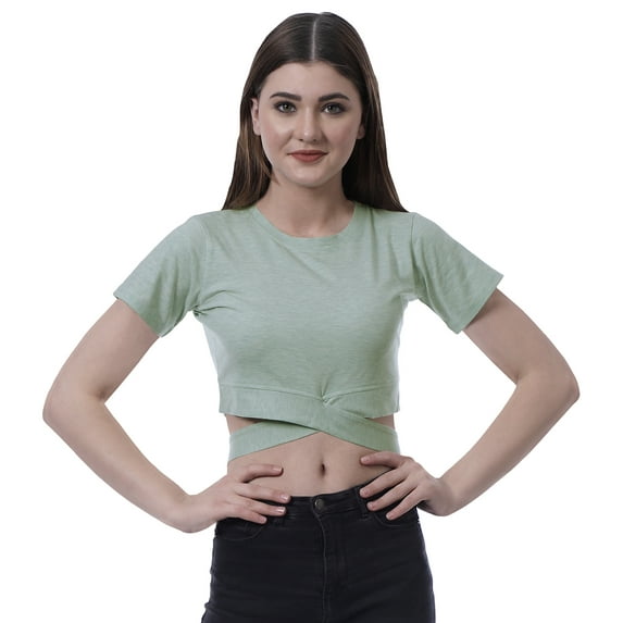 Moomaya Women Criss Cross Hem Top Short Sleeve Round Neck Tee Shirt Blouse Tops