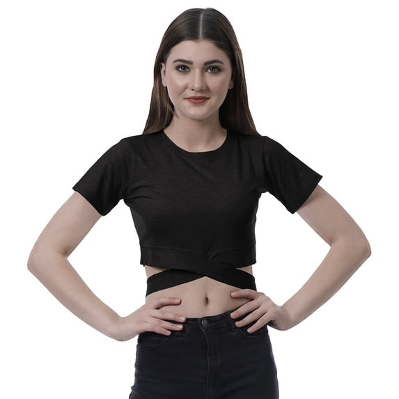 Moomaya Women Criss Cross Hem Top Short Sleeve Round Neck Tee Shirt Blouse Tops