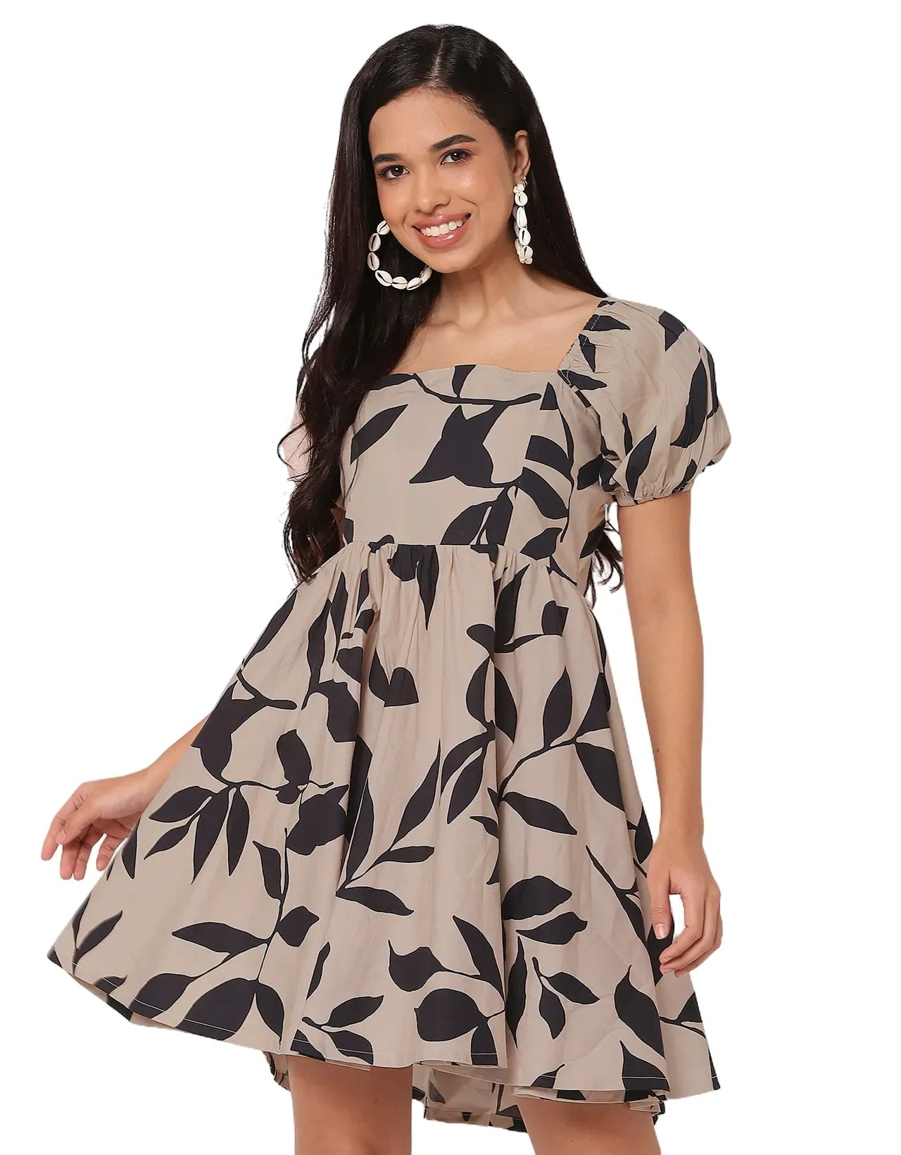Moomaya Women Flared Mini Dress Square Neck Puff Sleeves Cotton