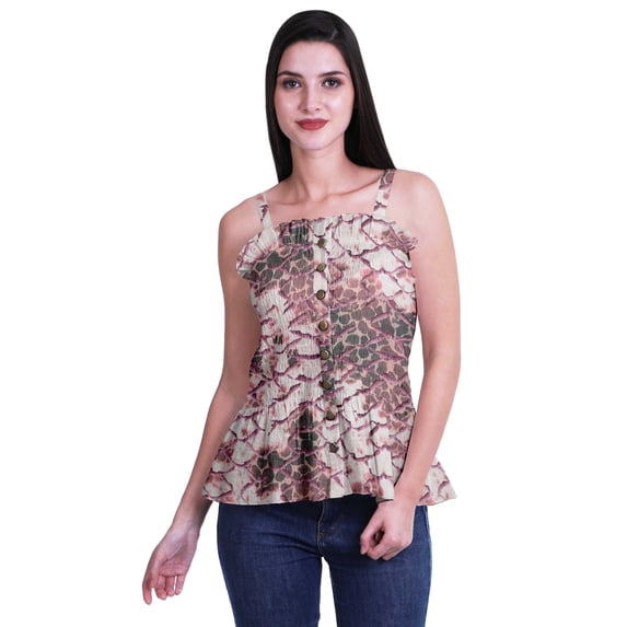 Moomaya Women Frill Smoked Crop Tank Top Cotton Slub Full Buttoned Closure Top