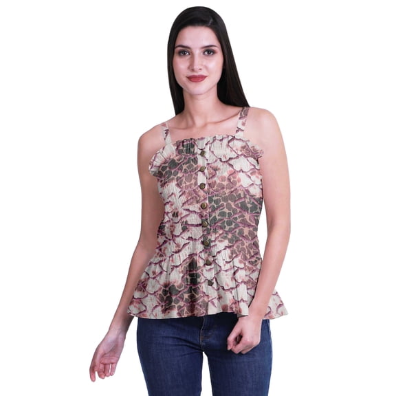 Moomaya Women Frill Smoked Crop Tank Top Cotton Slub Full Buttoned Closure Top