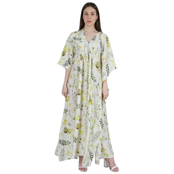 Moomaya Women Long Maxi Cover Up Printed Kimono Sleeve Night Dress Maxi Kaftan Gown Sleepwear