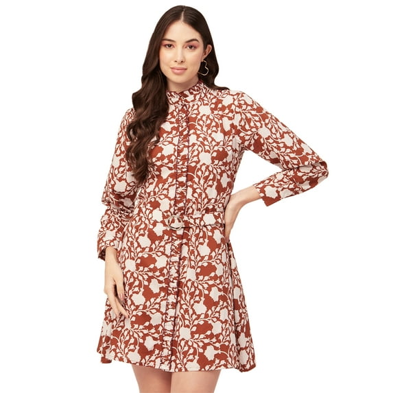 Moomaya Women Printed Cotton Dress Ruffled Collar Cuffed Sleeves Belted Mini Dress