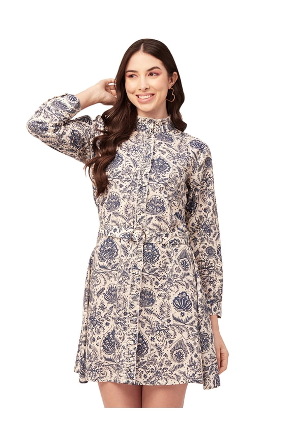 Women Printed Cotton Dress Ruffled Collar Cuffed Sleeves Belted Mini Dress