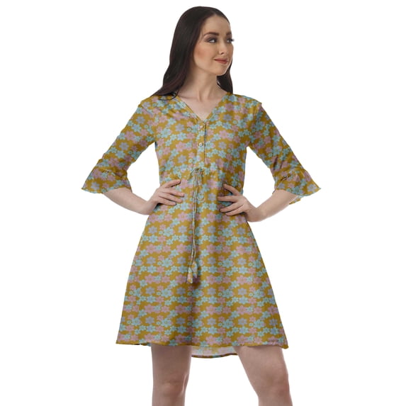 Moomaya Women Printed Drawstring Mini Dress V Neck Ruffle Sleeves Summer Dress
