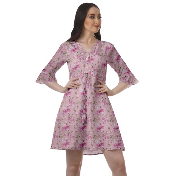 Moomaya Women Printed Drawstring Mini Dress V Neck Ruffle Sleeves Summer Dress